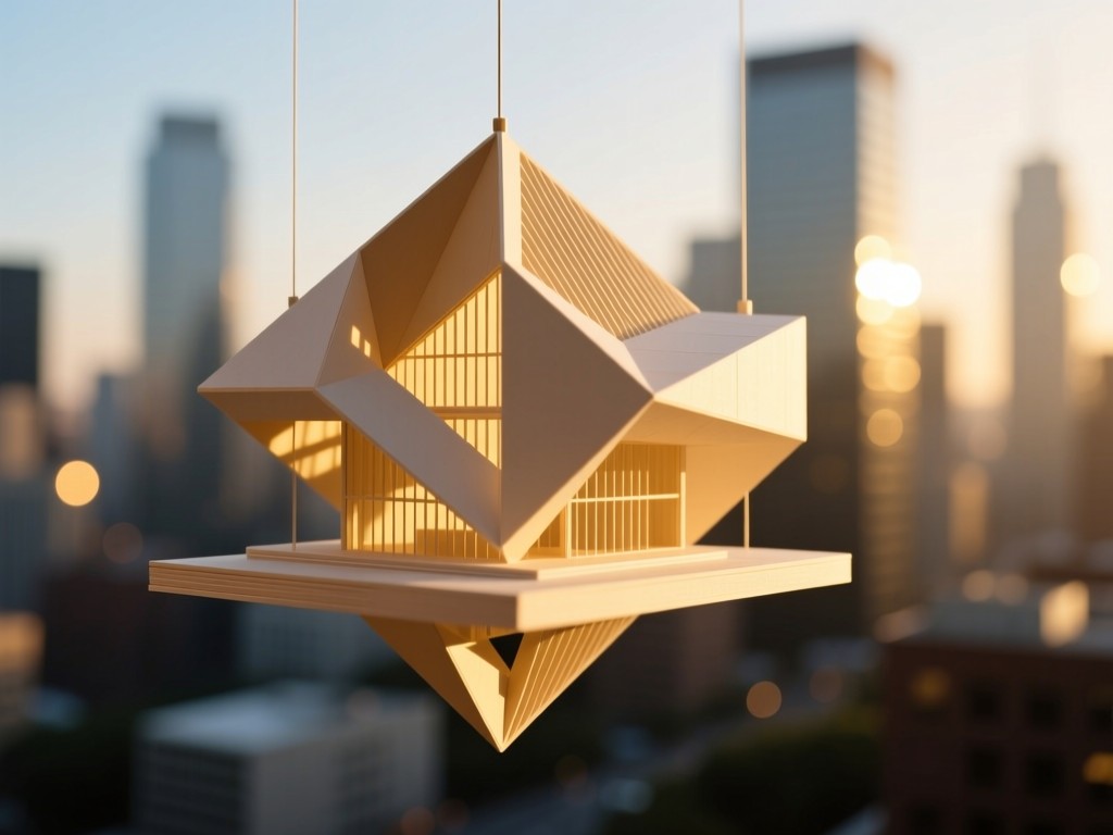 A suspended abstract architectural model catching golden hour light against a blurred city skyline. The geometric form symbolizes clarity and precision. Deep focus on the floating structure with bokeh background.