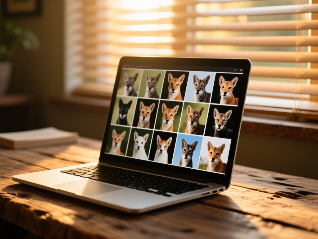 Laptop on a rustic wooden desk during golden hour, screen displaying a grid of animal transformation photos, soft sunlight through window blinds, shallow depth of field, warm tones, no visible text.