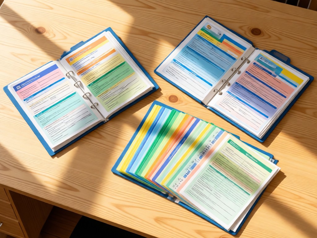 Overhead shot of three open folders with color-coded Medicare documents arranged neatly on a light oak desk. Soft sunlight highlights the organized layout, emphasizing clarity. No people.