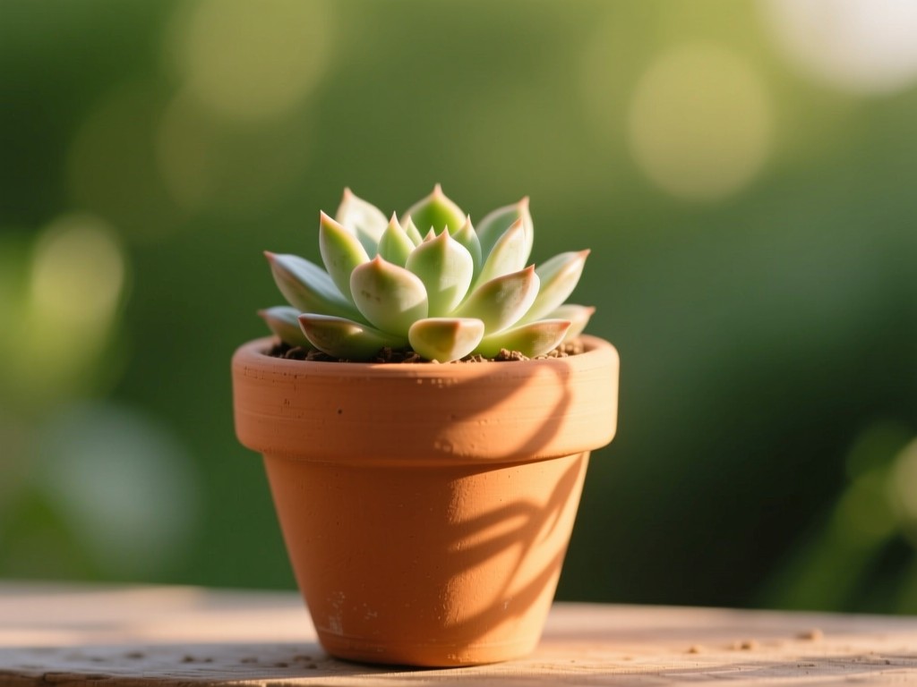 A single thriving succulent in terracotta pot during golden hour, symbolizing holistic growth, soft shadow patterns, warm natural lighting against blurred green background, no people.