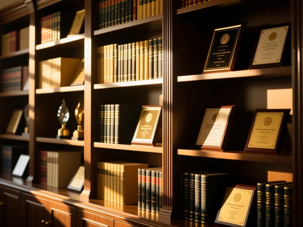 An elegant bookshelf with neatly organized professional books and awards. Golden hour light creates depth through diagonal shadows. No people.