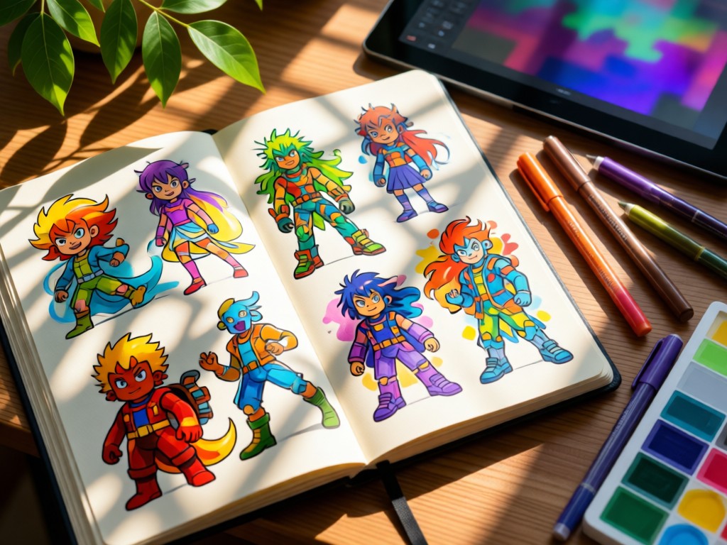 An open sketchbook showing vibrant character designs beside digital pens. Dappled sunlight through leaves creates natural patterns on the page. Artistic yet organized. No people.