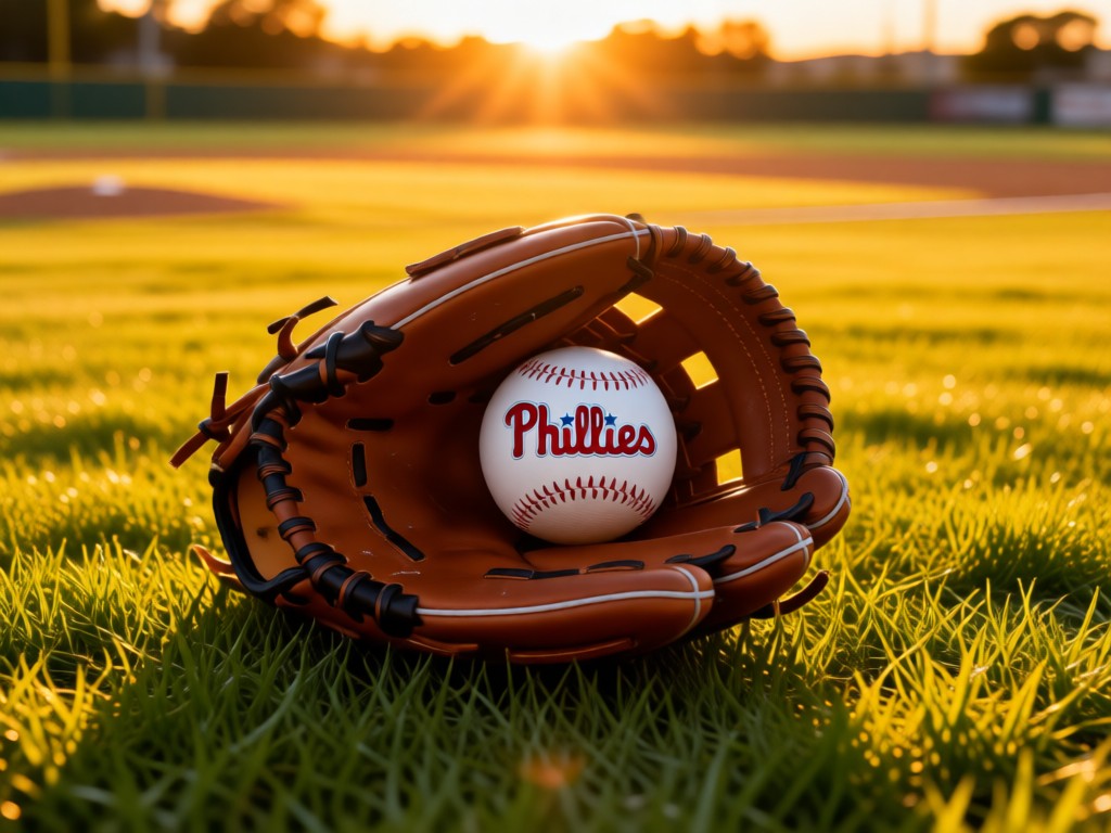 Aerial view of a Phillies glove and ball on outfield grass at sunset. Open glove symbolizes sharing passion. Warm golden light with no people.