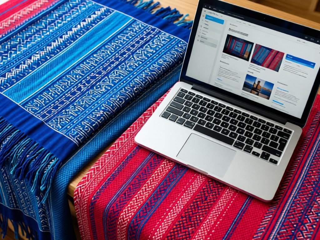 A top-down view of vibrant Filipino textiles laid beside a laptop displaying portfolio templates. Natural light highlights rich indigo and crimson hues against woven textures. No people.