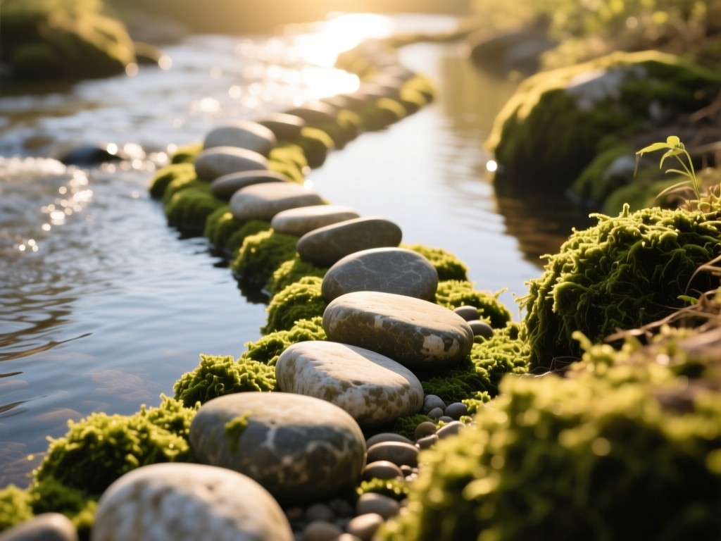 Overhead shot of smooth river stones forming a winding path through moss. Soft focus on beginning/end stones. Golden sunlight. No people.
