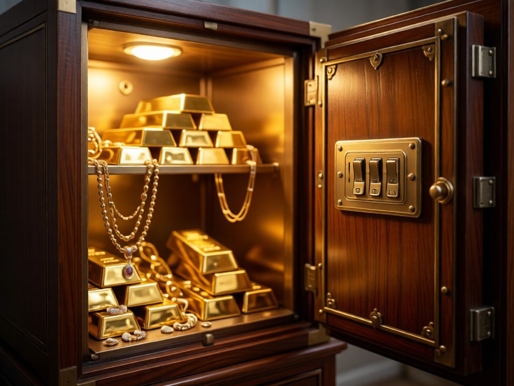 An open antique safe with gold bars and jewelry bathed in warm light. Represents security and value. Soft focus on combination lock details. No people.