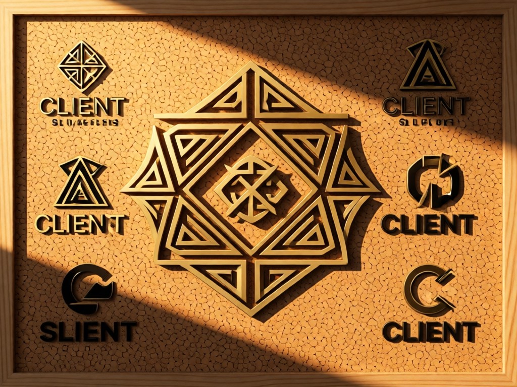 Stylized client logos arranged in a geometric pattern on a corkboard. Golden hour light creates warm shadows. No people.