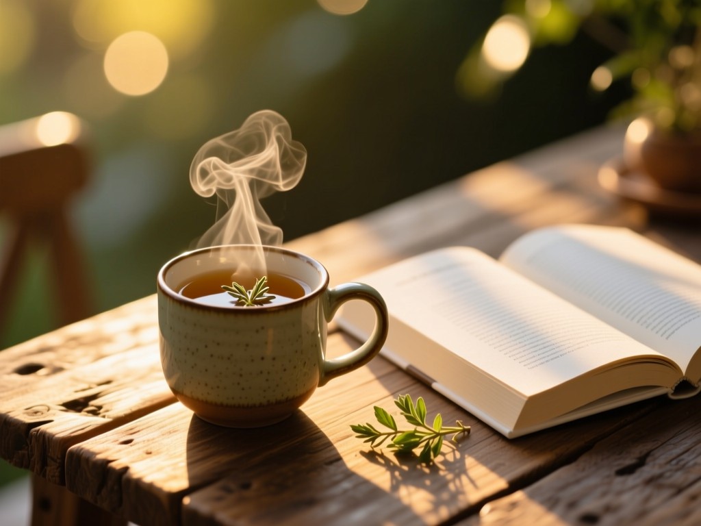 An open ceramic mug steaming with herbal tea beside a wellness book on a reclaimed wood table, golden hour light casting soft shadows, bokeh background, serene atmosphere, no text.