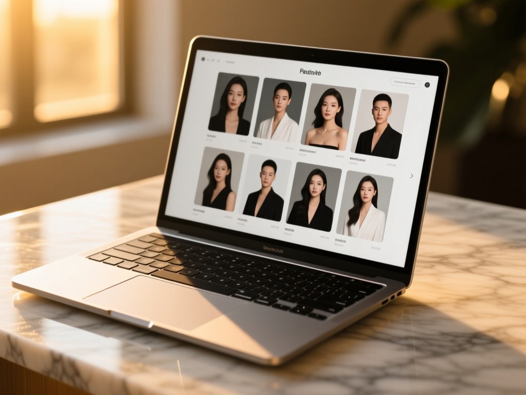 A sleek laptop on a marble surface during golden hour, screen displaying a minimalist celebrity portfolio grid, soft sunlight highlighting metallic accents, shallow depth of field, no people or text.