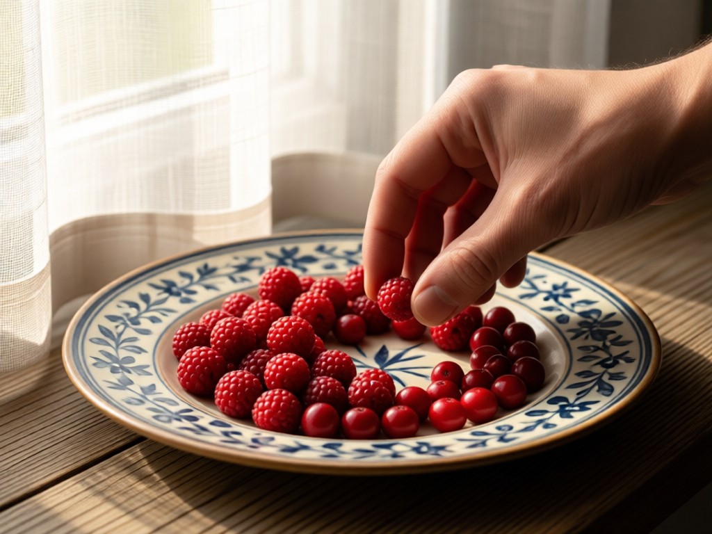 Close-up of hand arranging cloudberries and lingonberries on a vintage Norwegian plate. Soft morning light through gauzy curtains. Focus on natural textures and Nordic ingredients. No people.