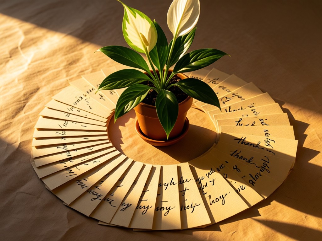 Handwritten thank-you cards fanned around a potted peace lily. Golden hour light casts long shadows across textured paper. No people.
