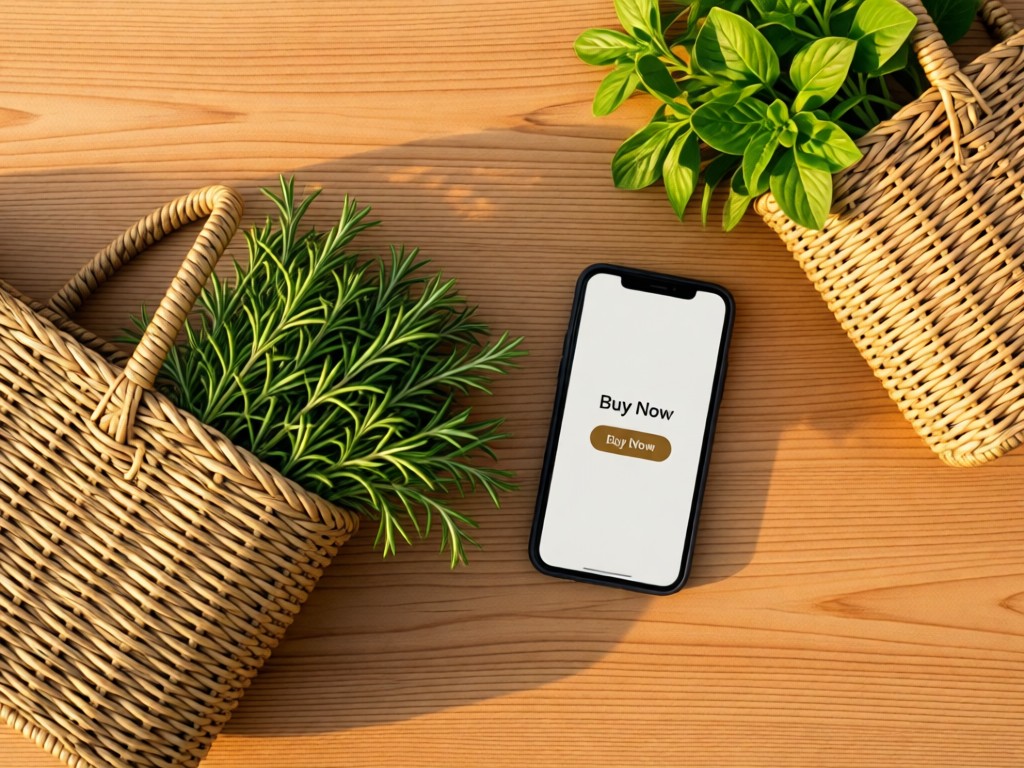 Stylish flat lay of woven market baskets holding fresh herbs, with a smartphone showing a 'Buy Now' button. Golden hour lighting. Wooden background with subtle grain texture.