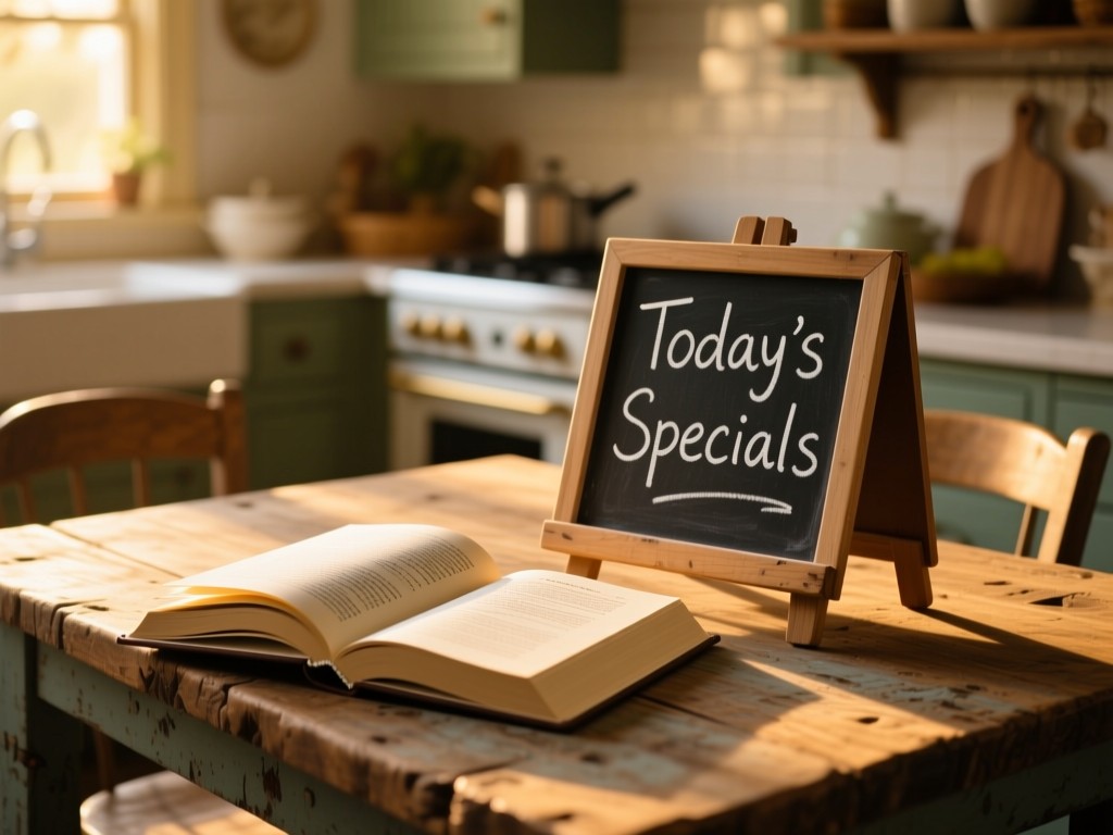 An open recipe book and small chalkboard on a rustic table during golden hour, soft sunlight highlighting 'Today's Specials', shallow depth of field, inviting kitchen atmosphere, no people.
