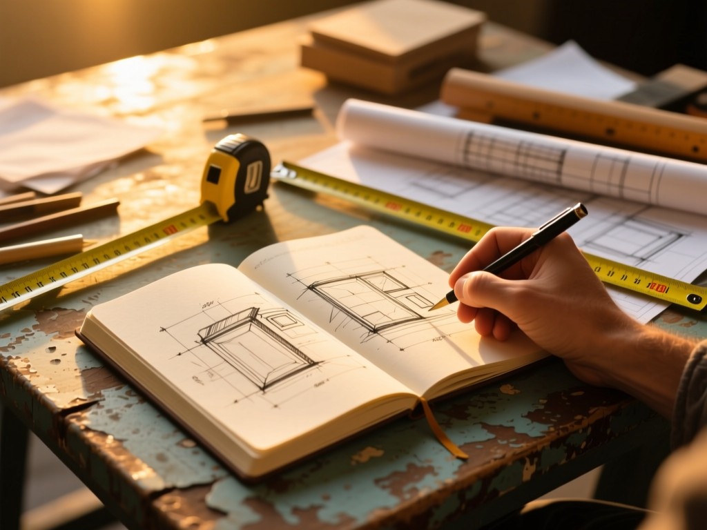 An open sketchbook beside a hand-drawn blueprint and measuring tape on a weathered table. Golden hour light, shallow depth of field, warm amber tones, creative clutter.