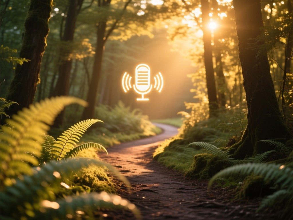 A winding forest path illuminated by golden hour sunlight, leading to a distant glowing podcast icon symbolizing discovery, soft focus on foreground ferns, natural color palette with warm tones.
