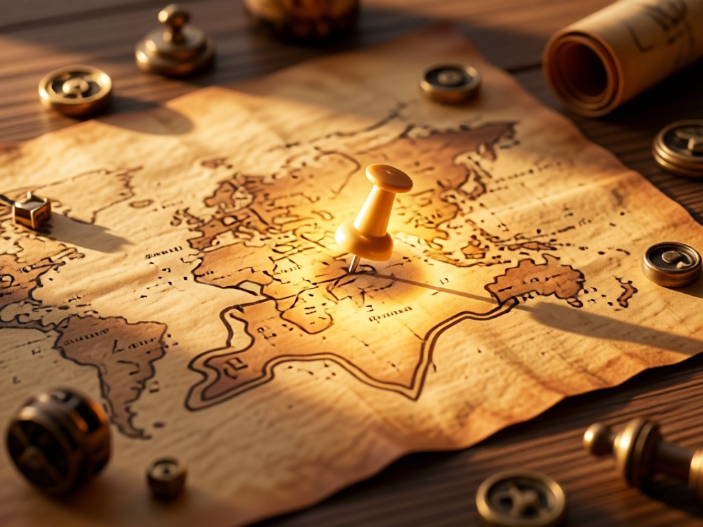 A rustic map with a glowing pushpin marking a location, surrounded by tiny antique items. Warm golden hour lighting. Minimalist style. No people.