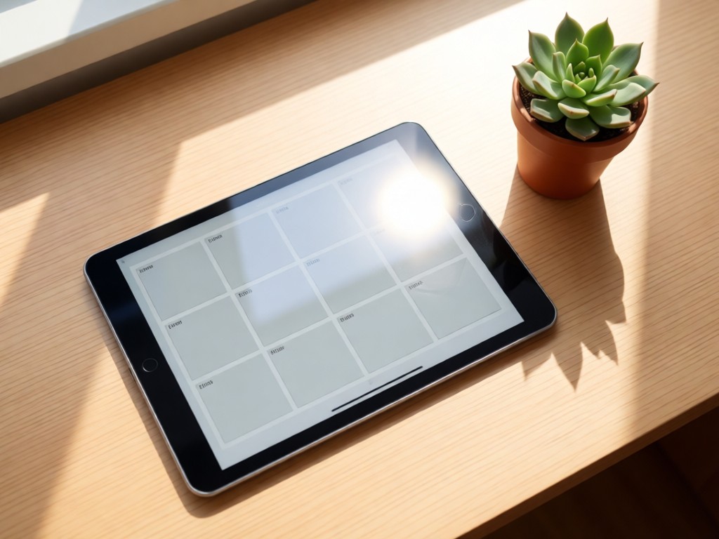 Overhead shot of a modern tablet displaying a clean grid layout beside a small potted succulent. Sunlight creates soft glare on the screen. Minimalist desk setting. No people.