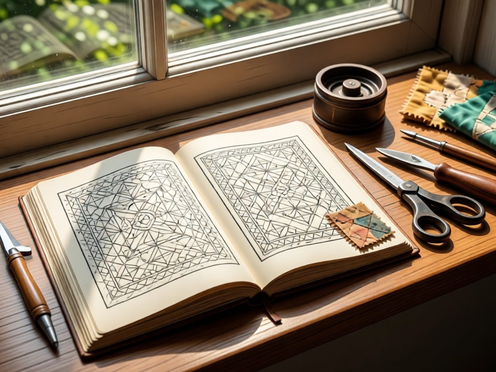An open notebook with quilt sketches beside vintage sewing tools on a sunlit windowsill. Pencil lines and fabric swatches visible. No people.