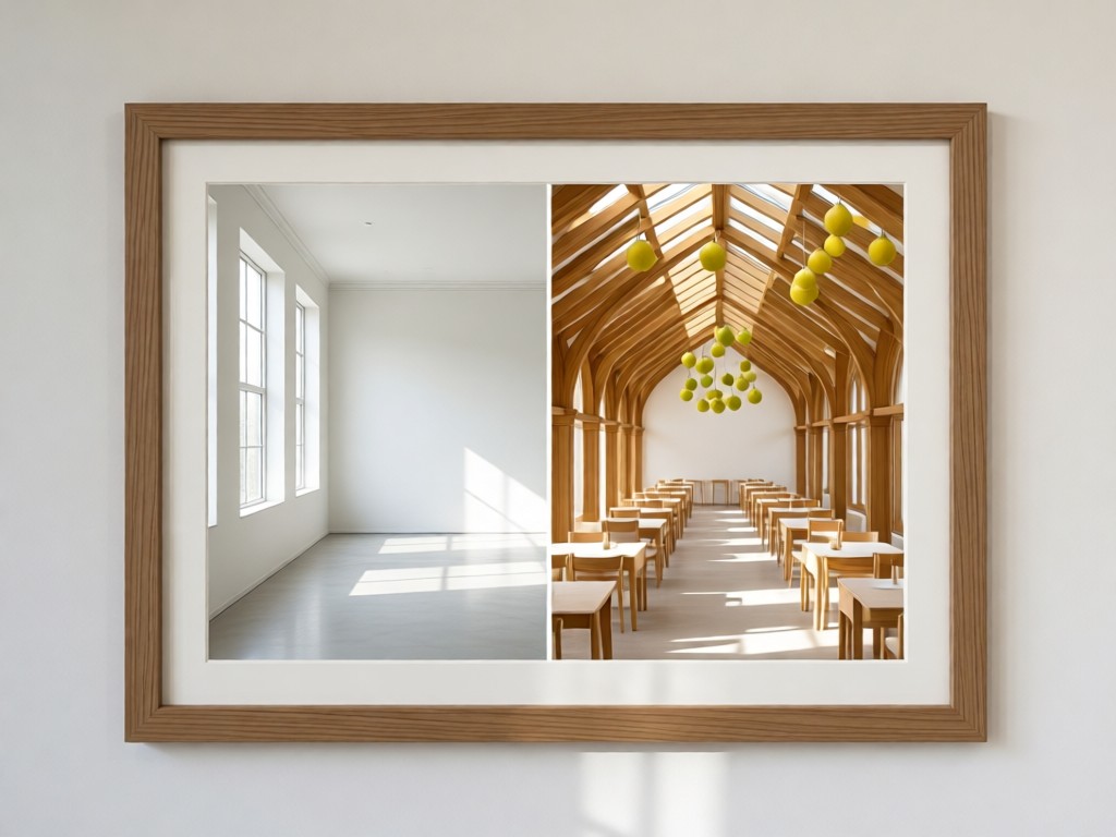 A minimalist frame displaying split images of a plain hall versus a transformed quince venue. Soft natural lighting through nearby windows.