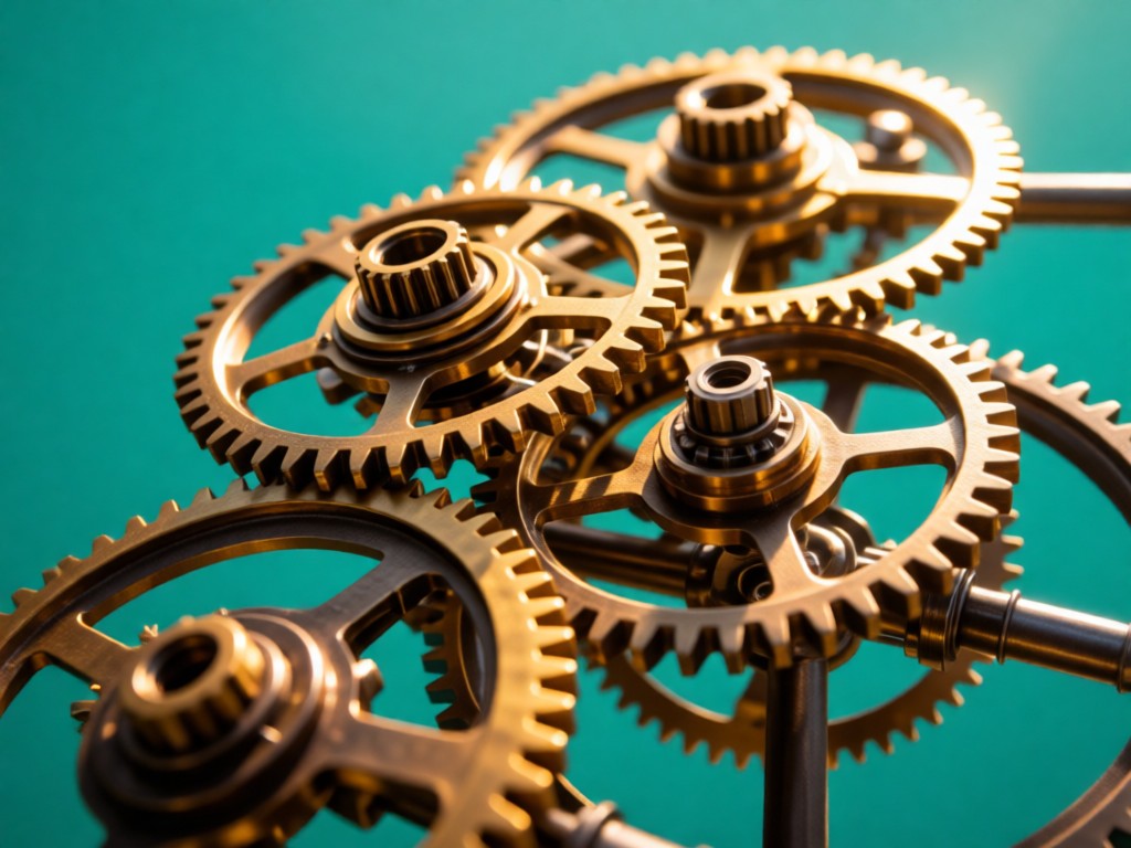 A close-up of interlocking gear mechanisms against a teal background. Sunlight emphasizes precision engineering. Symbolizes connectivity. No people.