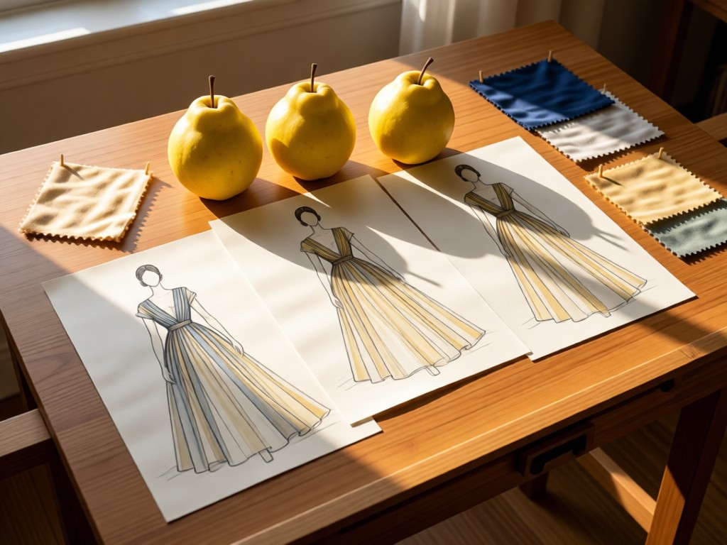 An elegant arrangement of three quince dress sketches on a wooden drafting table. Morning light illuminates fabric swatches pinned beside them. Soft shadows create depth. No people.