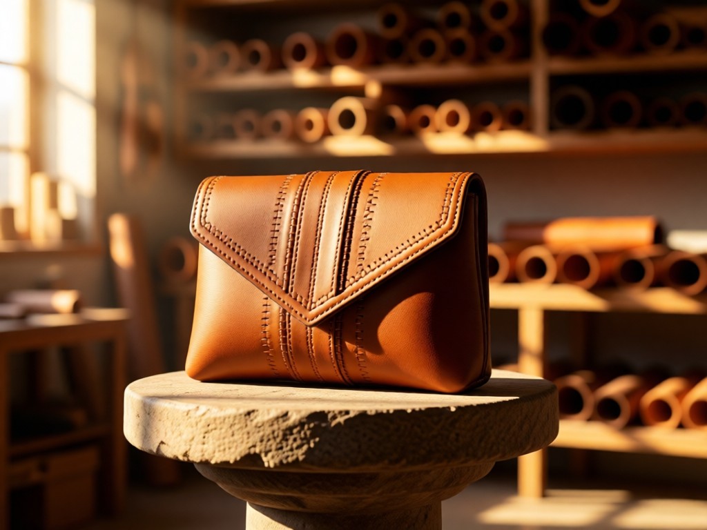 Single artisan-crafted clutch centered on a stone pedestal in a sun-drenched atelier. Sharp focus on stitching details while background shelves with leather rolls blur into warm gradients. Morning light creates dramatic shadows. No people.