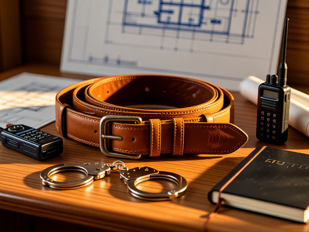 A duty belt arranged neatly on a wooden desk: handcuffs, radio, and notebook. Golden hour light emphasizes the leather texture. Blueprints blurred in background. No people.
