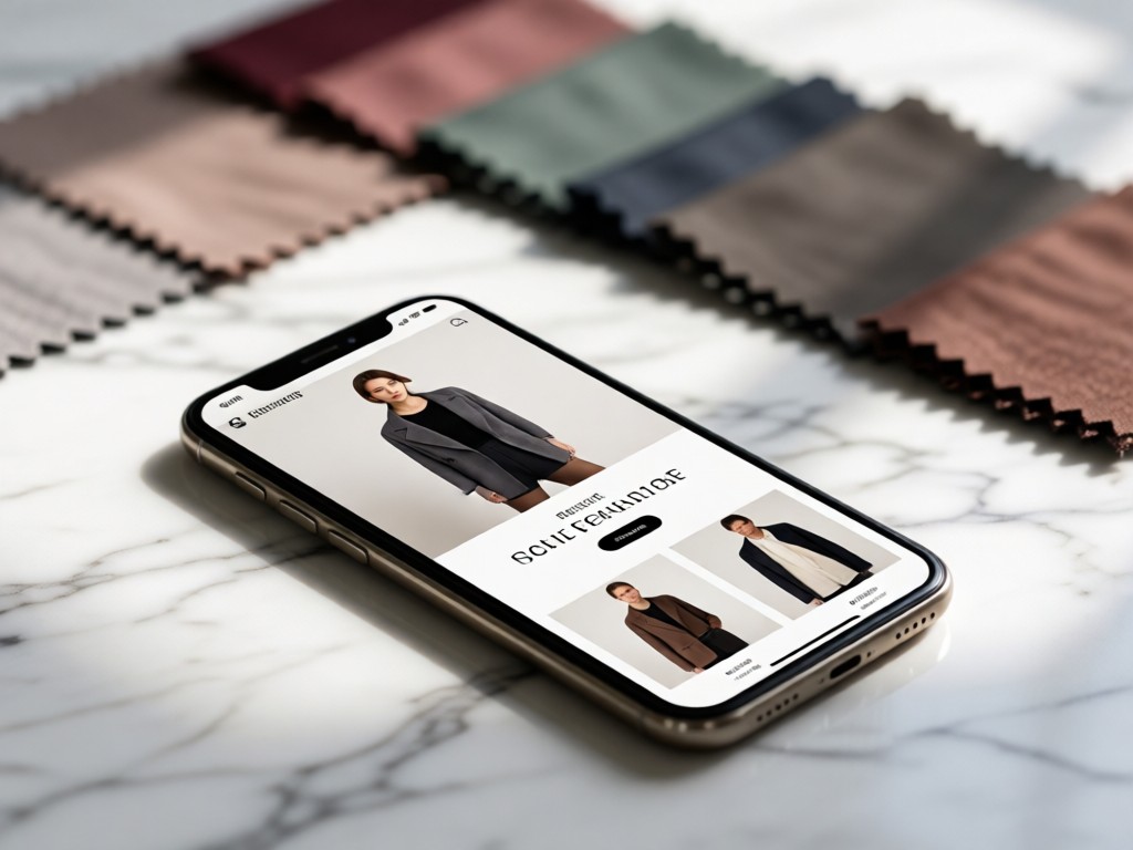 A smartphone displaying a sleek petite clothing website on a marble surface. Blurred background shows fabric swatches in coordinating colors. Soft directional lighting. No people.