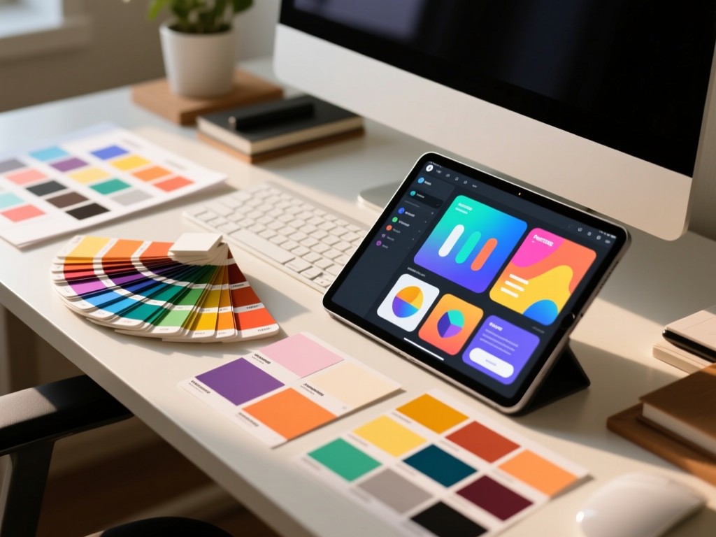 An angled view of a designer's desk with color swatches, Pantone chips and a tablet displaying vibrant UI designs. Soft natural light creates depth and highlights textures.