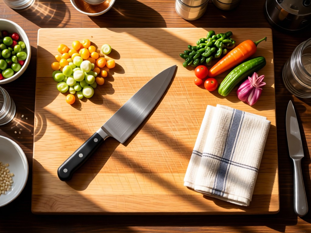 An aerial view of a perfectly arranged chef's workstation: knife, ingredients, and towel on a wooden board. Sunlight highlights the textures of fresh vegetables. Symbolizes organization and readiness. No people.