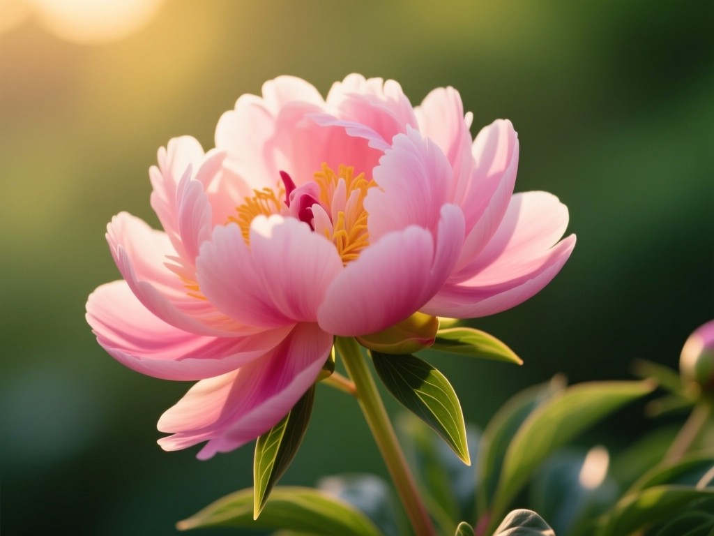 A single blooming peony in golden hour light, petals unfurling to symbolize brand growth, soft shadows, vibrant pink against blurred green background, natural color gradient.