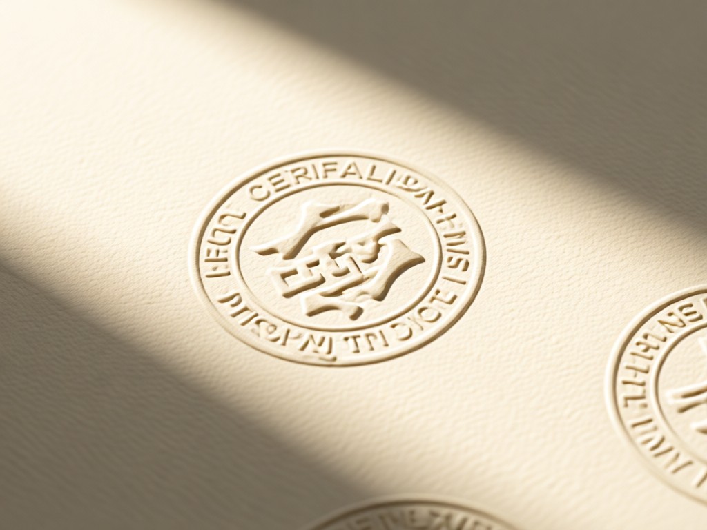 Close-up of embossed certification seals on textured cream paper. Soft shadows create depth under natural light. Minimalist and professional. No people.