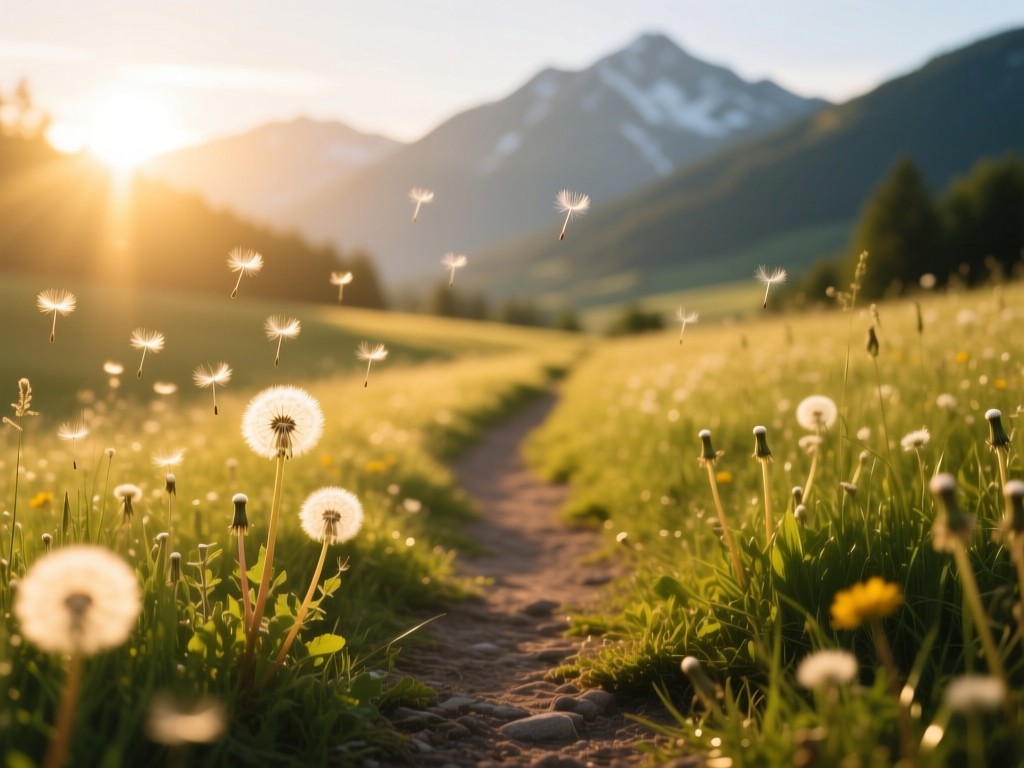 Sunlit path through meadow with dandelion seeds floating in golden hour light, leading to distant mountains, symbolizing hopeful journeys, soft focus background, natural color palette.