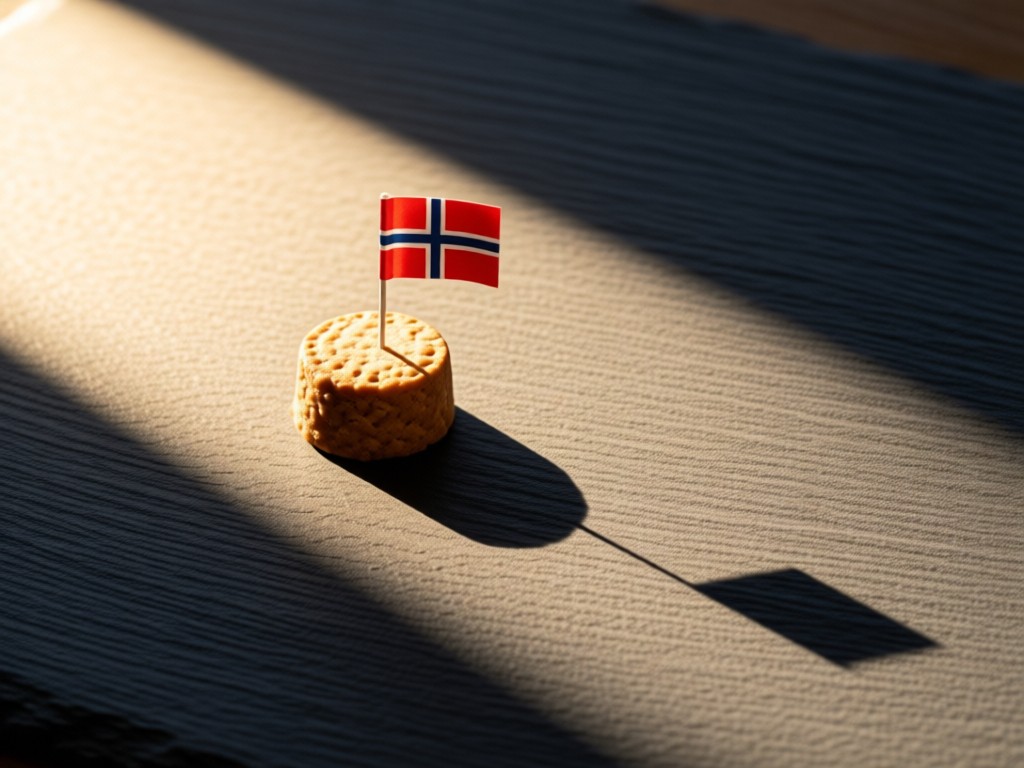 Aerial view of miniature Norwegian flag planted in artisan brown cheese on slate. Warm sunlight creates long shadows. Minimalist composition with breathing space. No people.