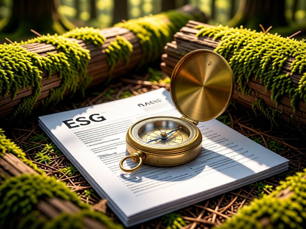 A vintage brass compass resting on an ESG annual report in a sunlit forest clearing. Moss-covered logs frame the scene. Symbolizes navigating complex standards with confidence. No people.