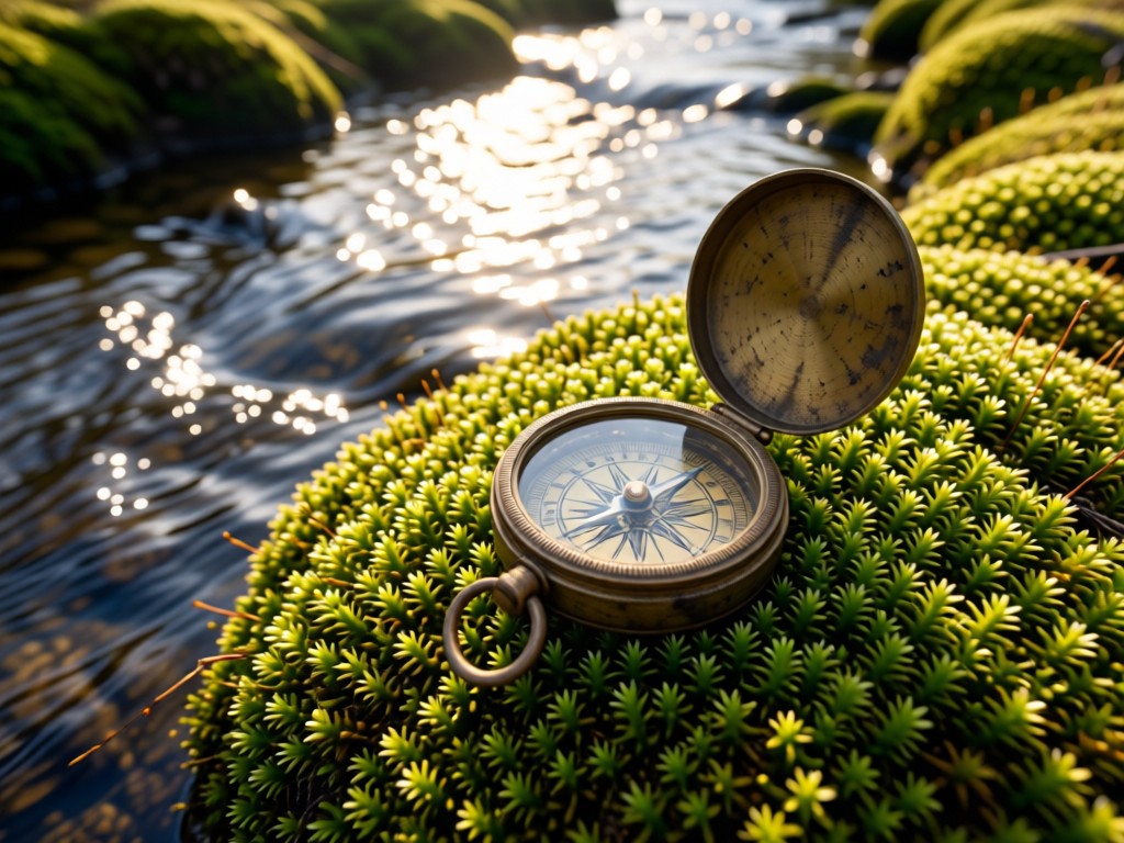 An aerial view of a single, well-worn compass resting on a bed of alpine moss near a mountain stream. The scene symbolizes direction and having essential tools consolidated. Morning light creates soft reflections. No people.