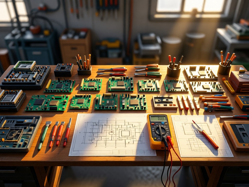 Overhead view of an organized workbench with circuit boards, multimeter, and schematic diagrams arranged neatly. Golden hour light creates warm highlights on tools against a soft-focus industrial backdrop. No people.