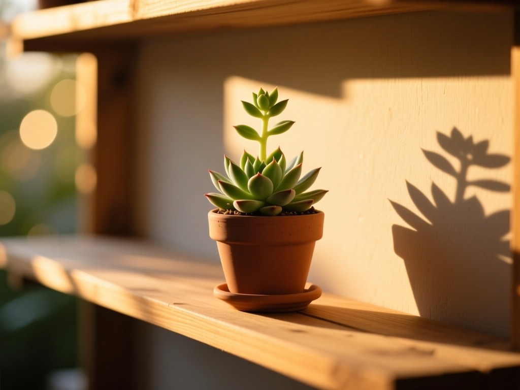 A single thriving potted succulent on a sun-drenched wooden shelf during golden hour, casting long shadows, symbolizing nurtured growth and simplicity, warm bokeh background, no people.