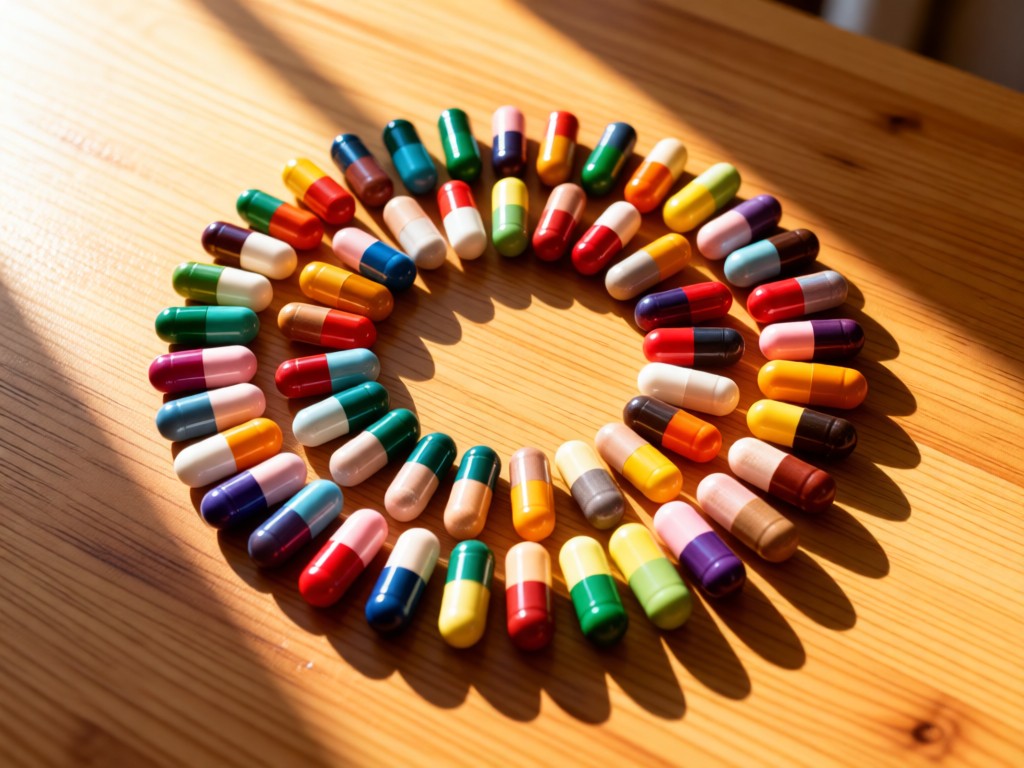 Aerial view of colorful supplement capsules arranged in a perfect circle on a sunlit wooden table. Morning light creates soft shadows. Symbolizes organization and comprehensive coverage. No people.