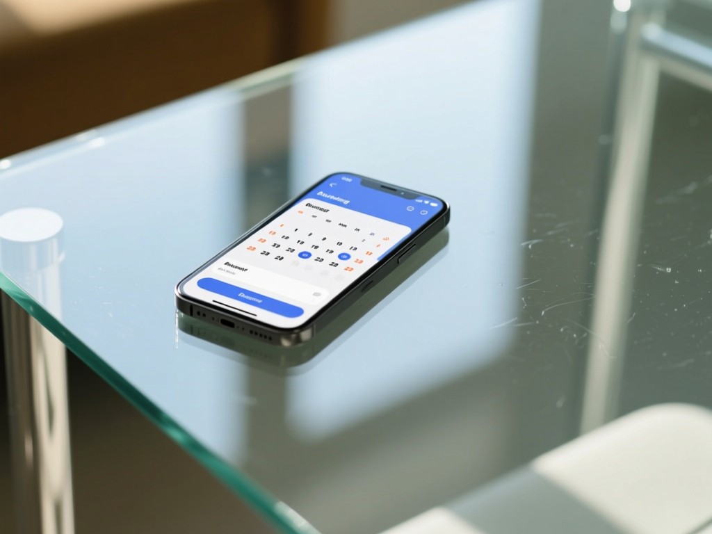A smartphone showing a simple booking calendar. It rests on a freshly cleaned glass table with natural light reflections. Clean minimal aesthetic. No people.