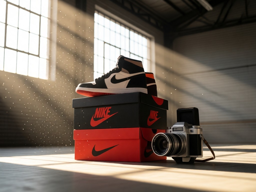 Angled view of three Nike shoe boxes stacked beside a vintage film camera. Sunlight filters through warehouse windows, dust motes visible. Clean composition with negative space.