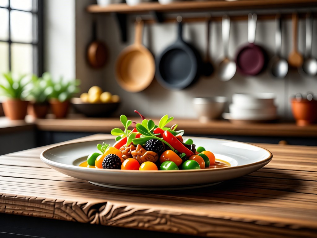 A rustic wooden table with a perfectly plated gourmet dish. Soft focus background shows kitchen utensils. Natural light emphasizes vibrant food colors. No people.