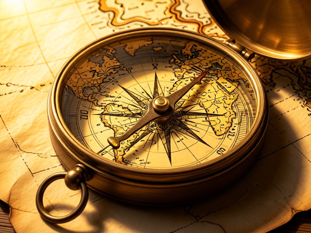 A vintage compass overlaid on a hand-drawn safari map on rustic parchment. Golden light highlights terrain details. Warm, exploratory mood. No people.