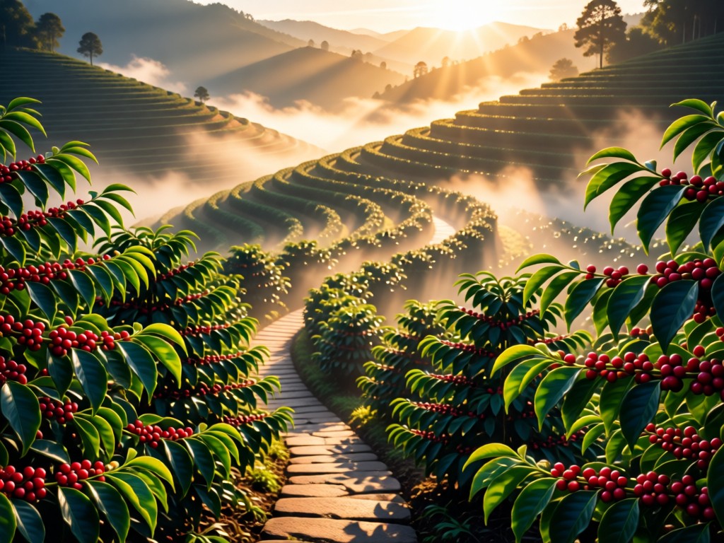 Path winding through coffee plantations at sunrise. Mist rises between rows of plants with red berries. Sunlight filters through leaves creating depth. No people.