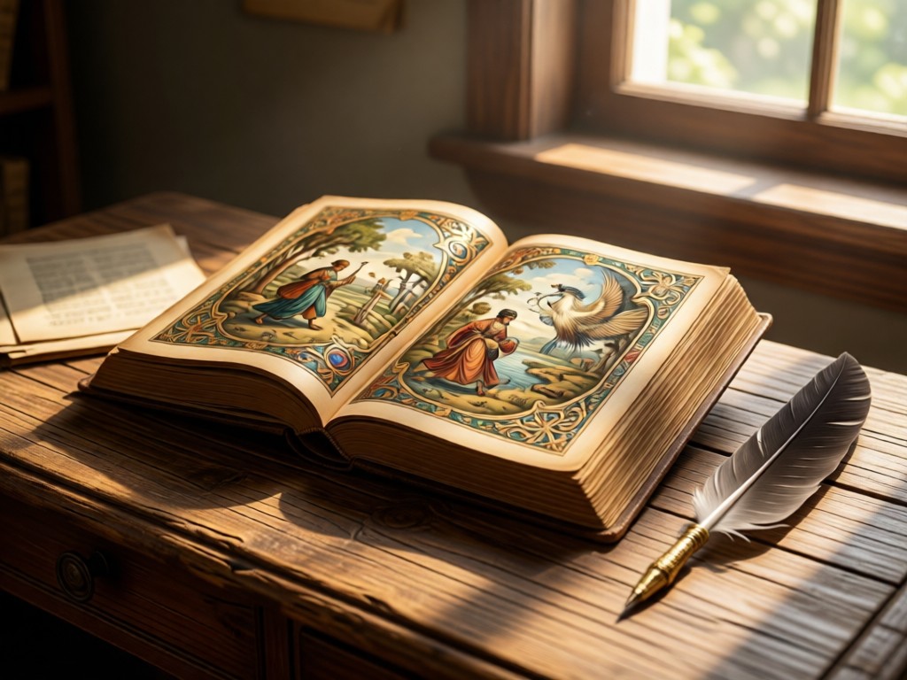 An open vintage book with ornate illustrations next to a quill pen on a rustic desk. Soft natural light creates a sense of discovery. No people.