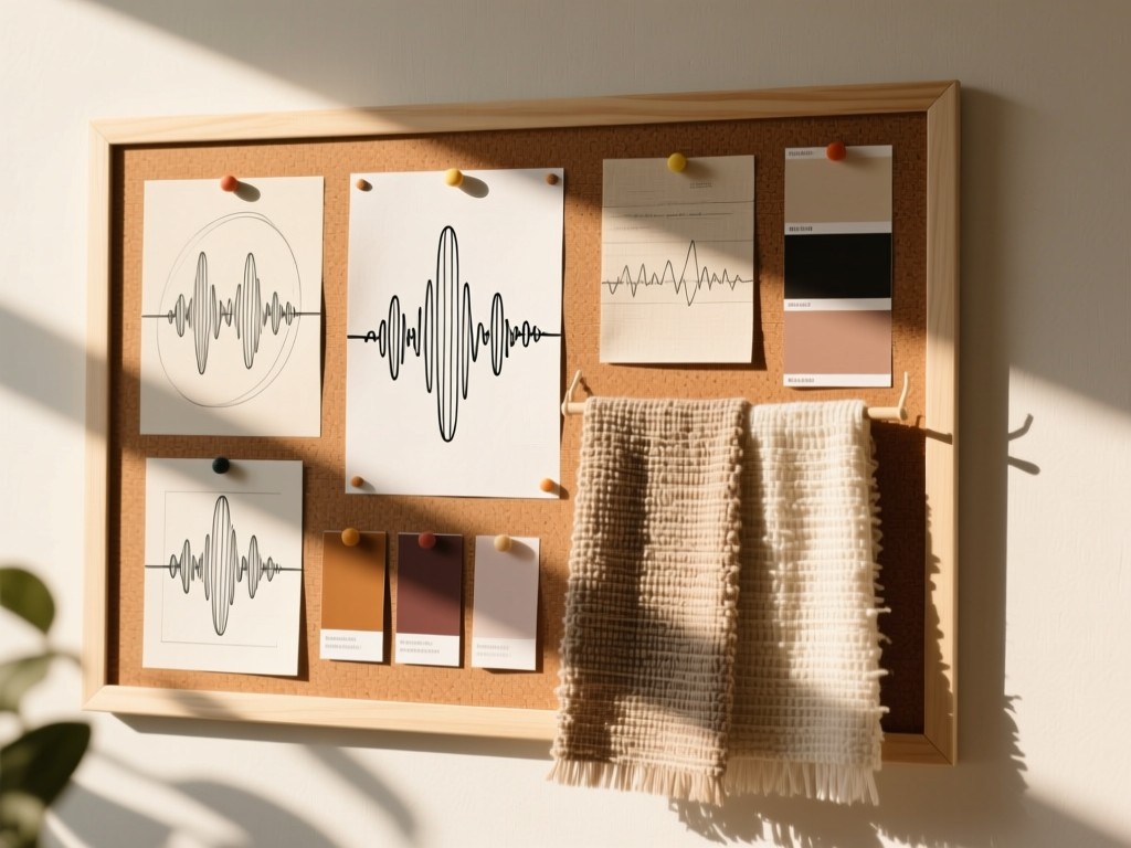 A curated mood board pinned to cork: soundwave sketches, color swatches, and textured fabric. Sunlit wall with soft shadows. No people.