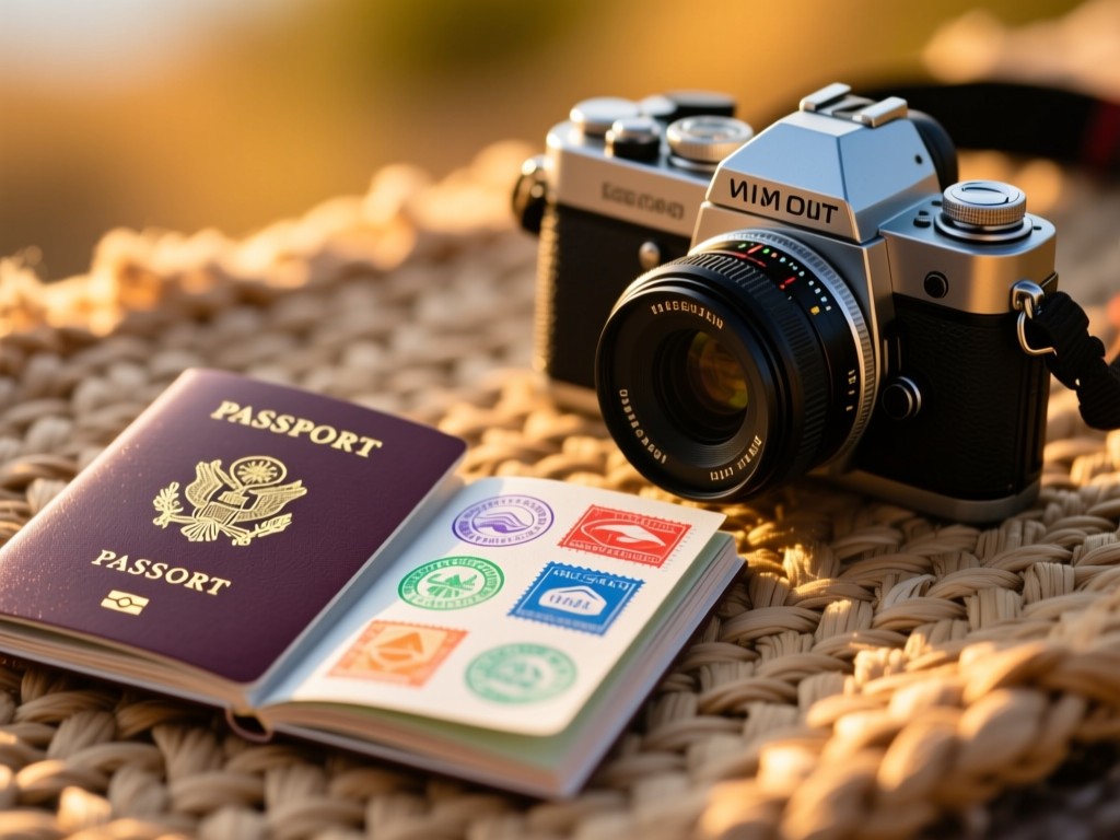 An open passport with colorful visa stamps beside a camera on a woven textile during golden hour, shallow focus, warm lighting, travel storytelling atmosphere, no visible text.
