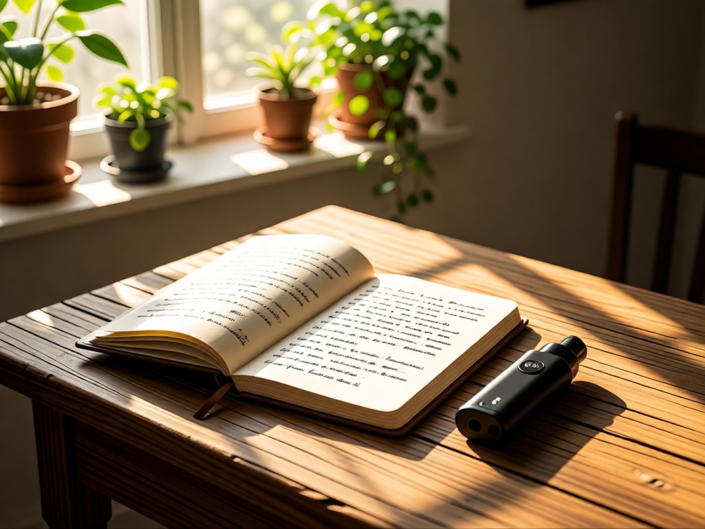An open notebook with handwritten vape notes beside a Raz device on a rustic wooden table. Morning light filters through nearby window plants. No people.