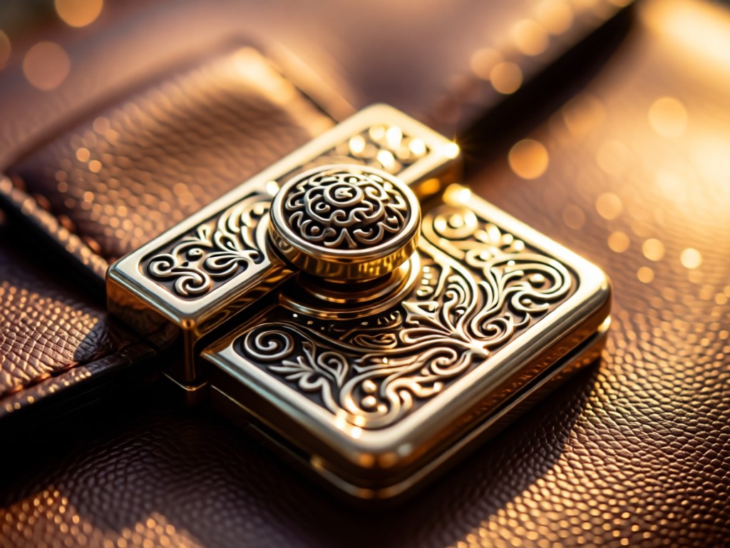 Macro shot of a purse clasp with intricate engraving. Sunlight catches metallic edges while shallow focus blurs the leather background. Warm bokeh effects emphasize luxury details. No people.