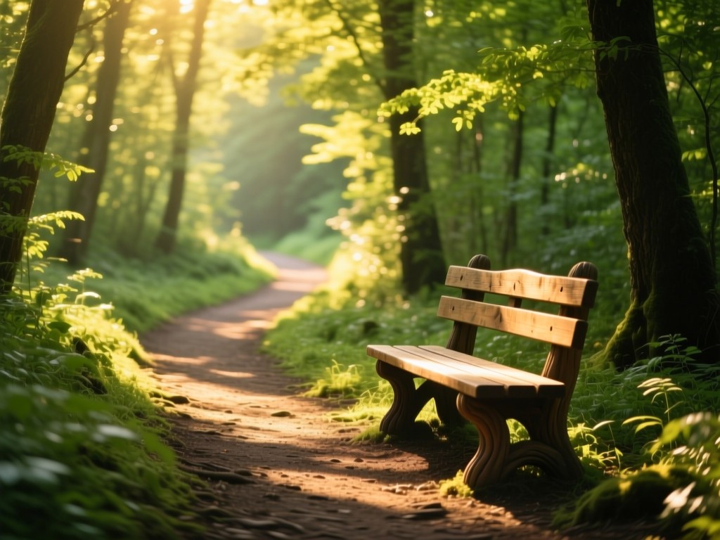 A winding forest path dappled with golden sunlight, leading to a handcrafted wooden bench, symbolizing discovery, vibrant greens, soft shadows, no human presence.